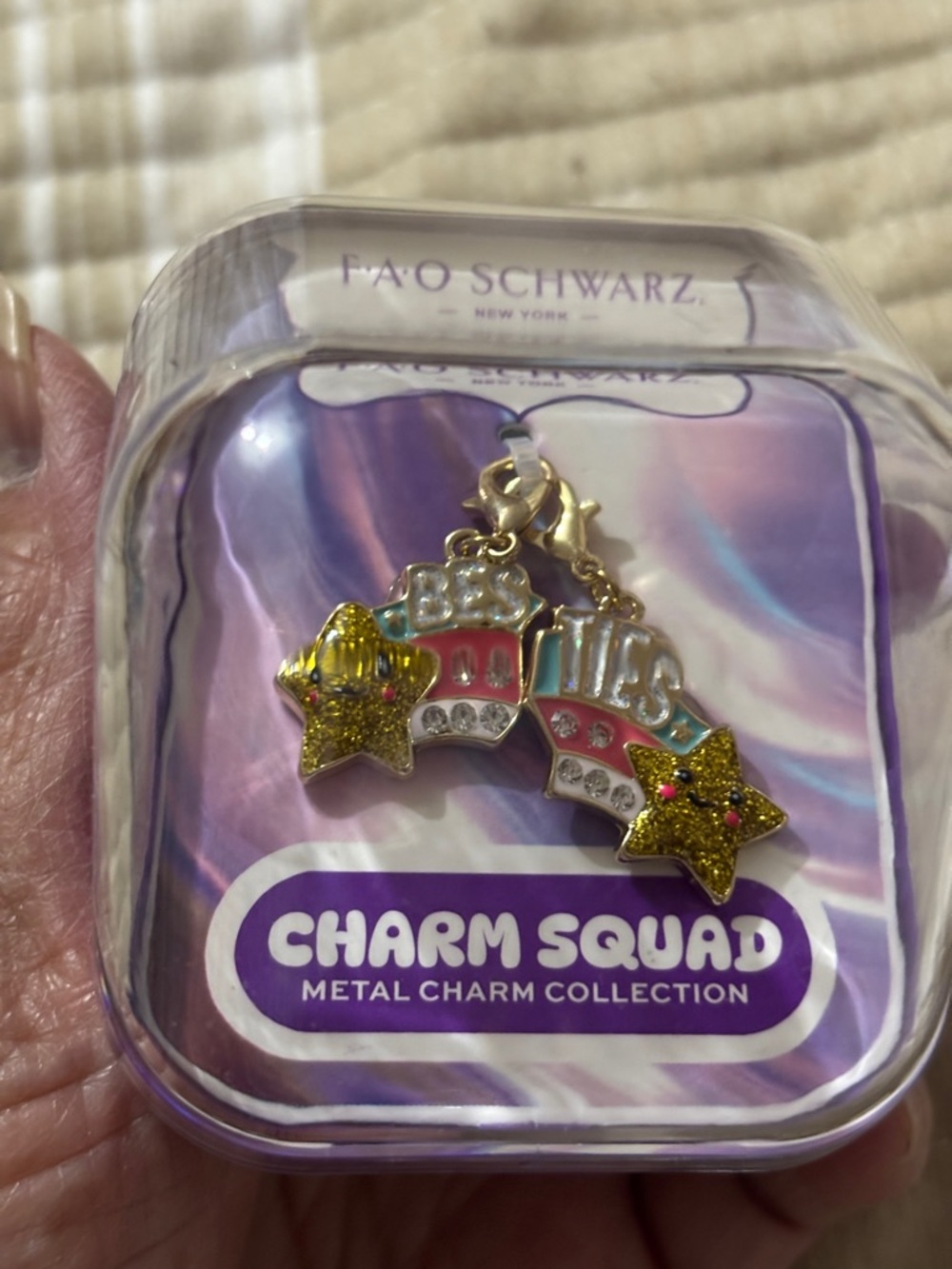 FAO Schwarz Charm Squad Metal “Bestie”Gold Glitter Besties Star Best Friend New